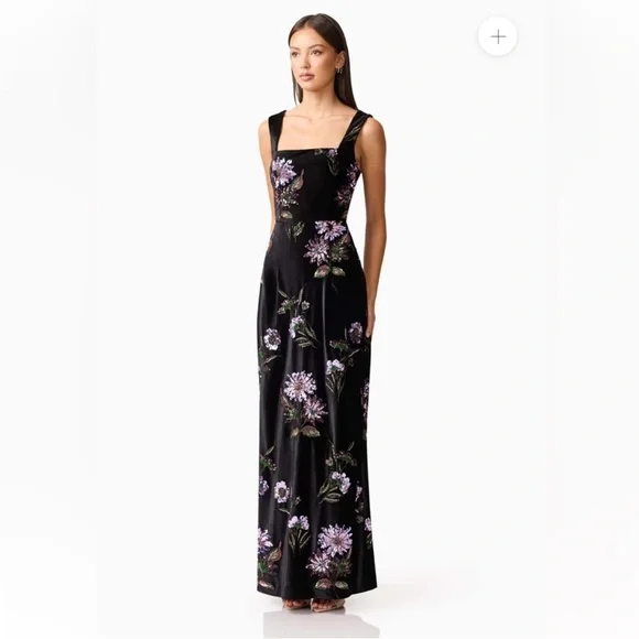 elliatt clio black purple 3d sequin flower embroidered velvet maxi gown dress XL - Picture 6 of 15